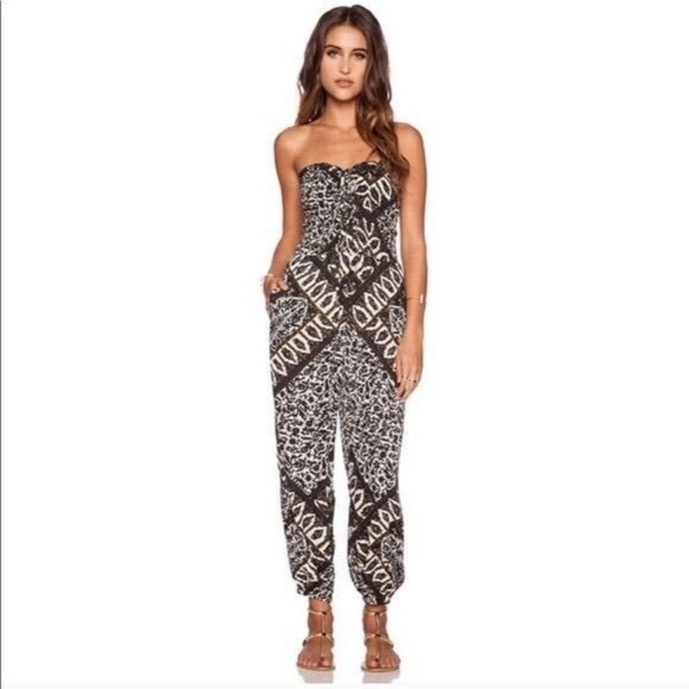 Free People Black White Balloon Gauzy Smocked Jumpsuit Size M